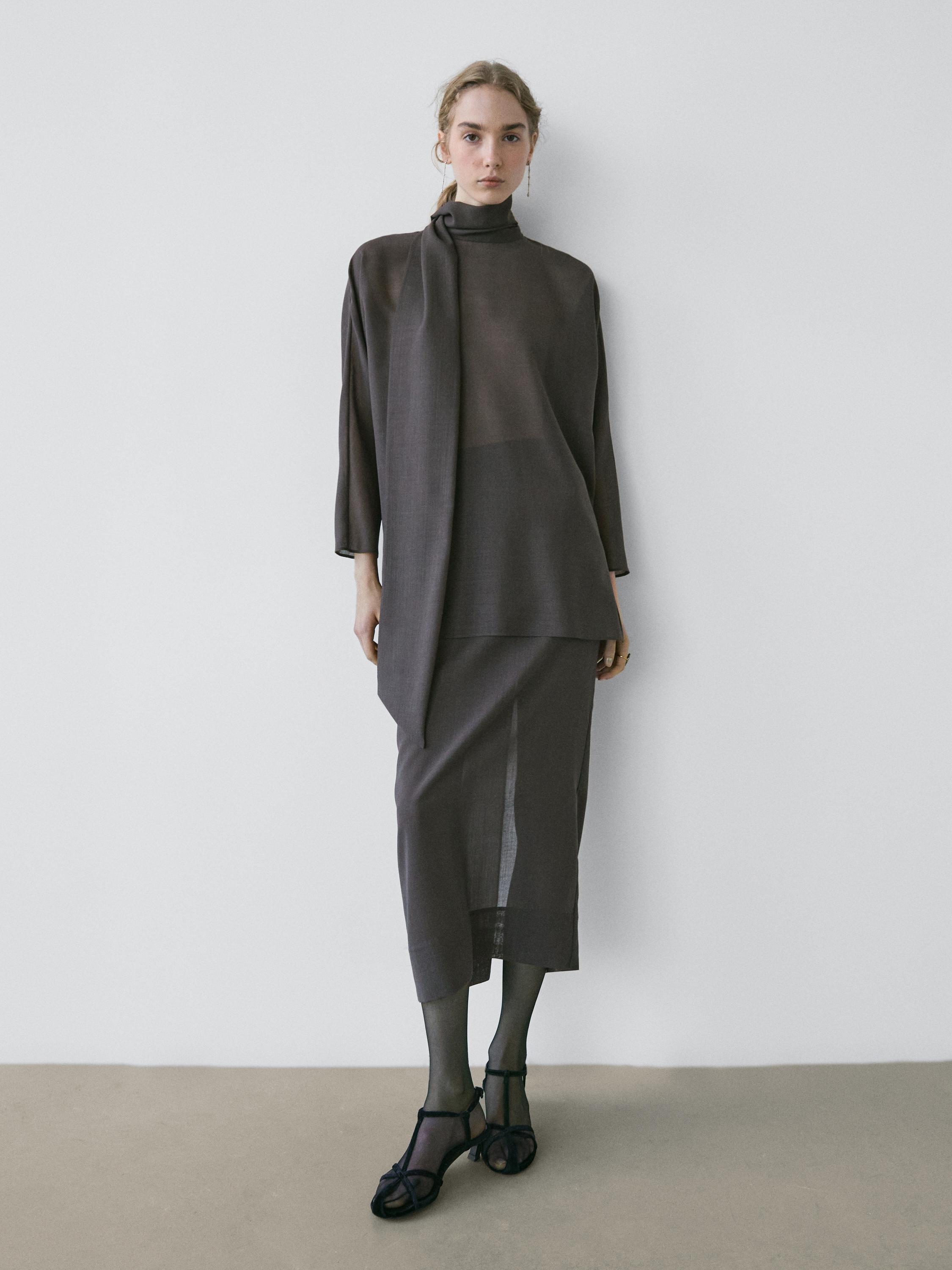 Straight midi skirt with sheer detail - STUDIO